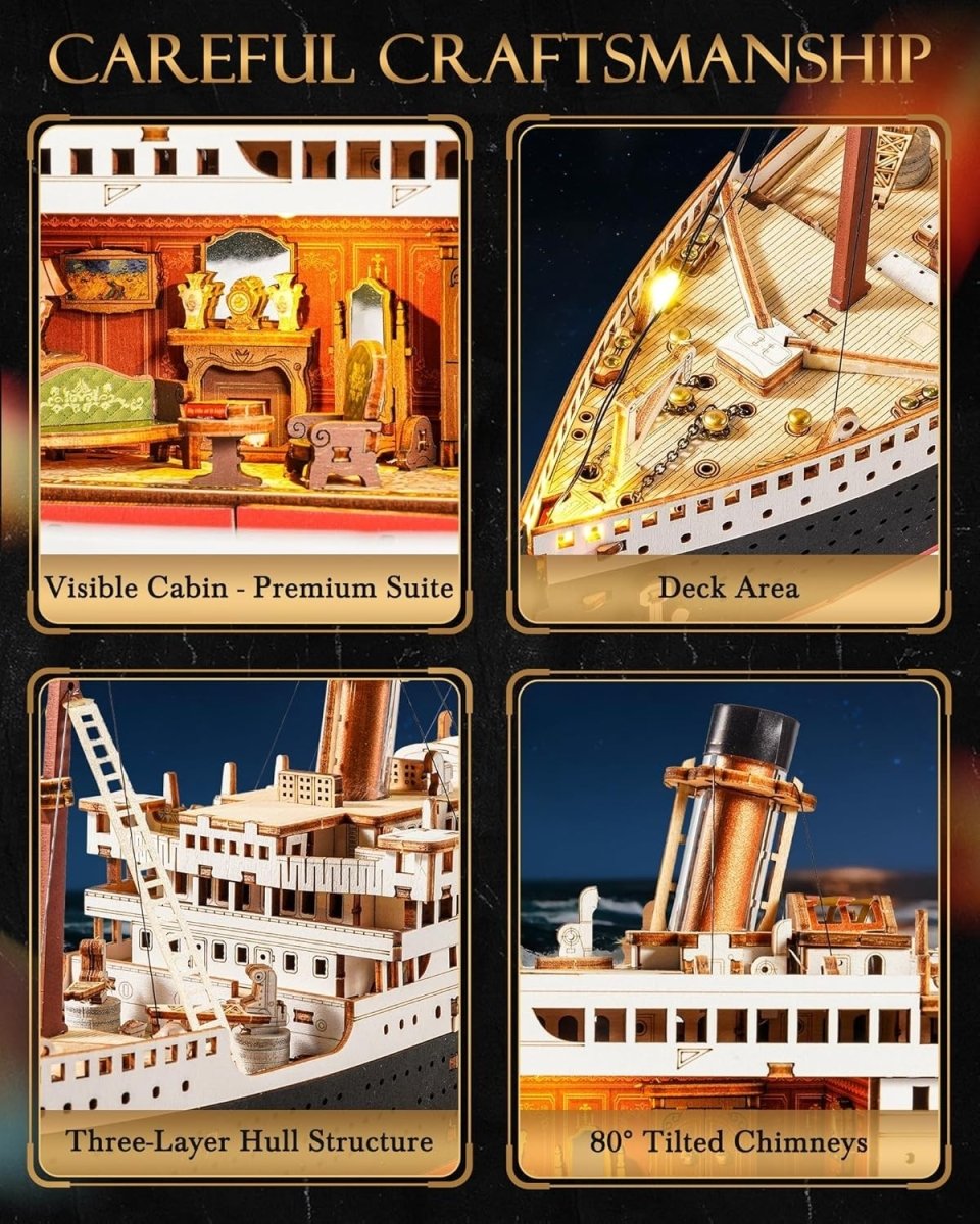 3D Titanic Ship Model Kit Wooden Puzzle LED Display Collectible - Kwikley