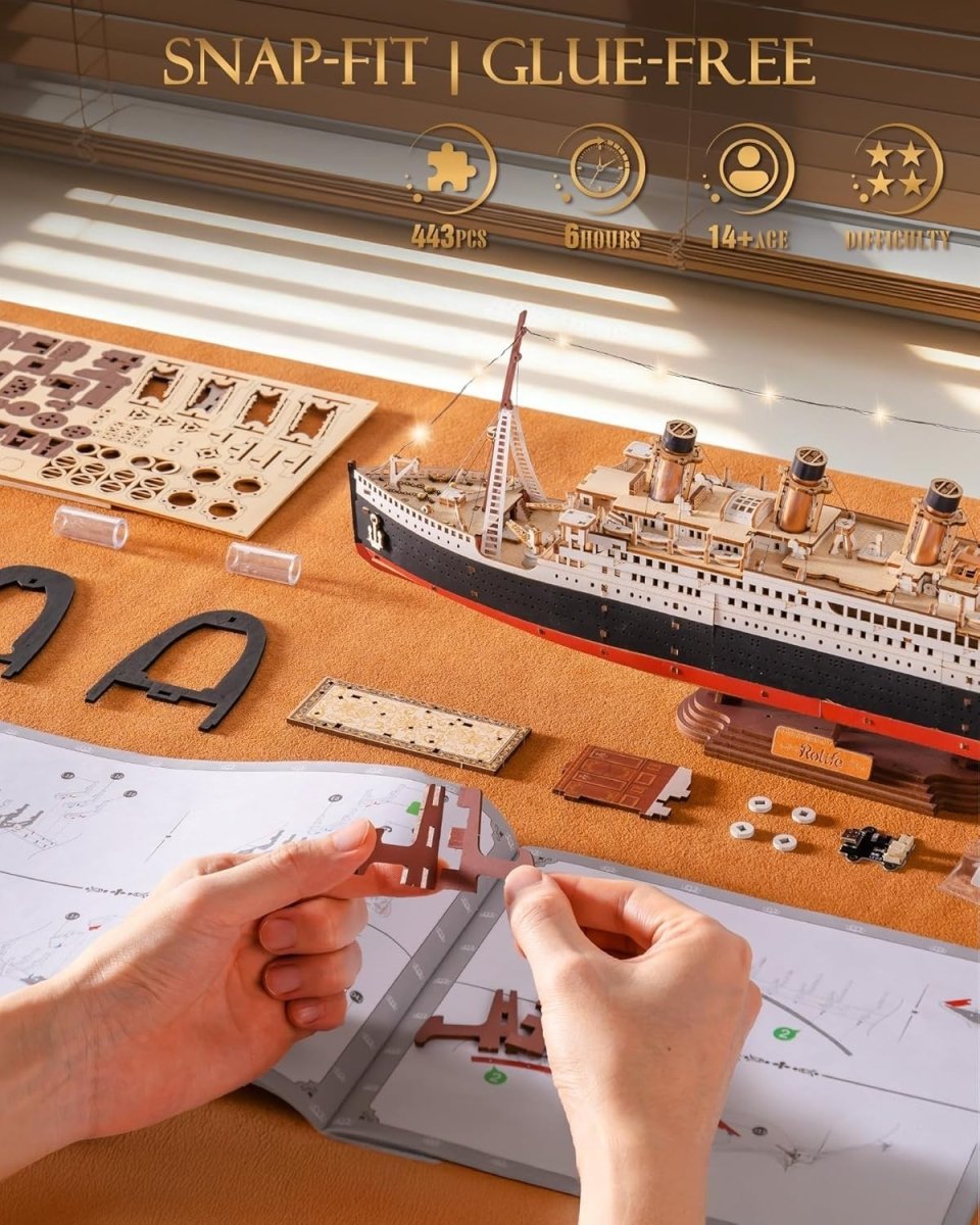 3D Titanic Ship Model Kit Wooden Puzzle LED Display Collectible - Kwikley