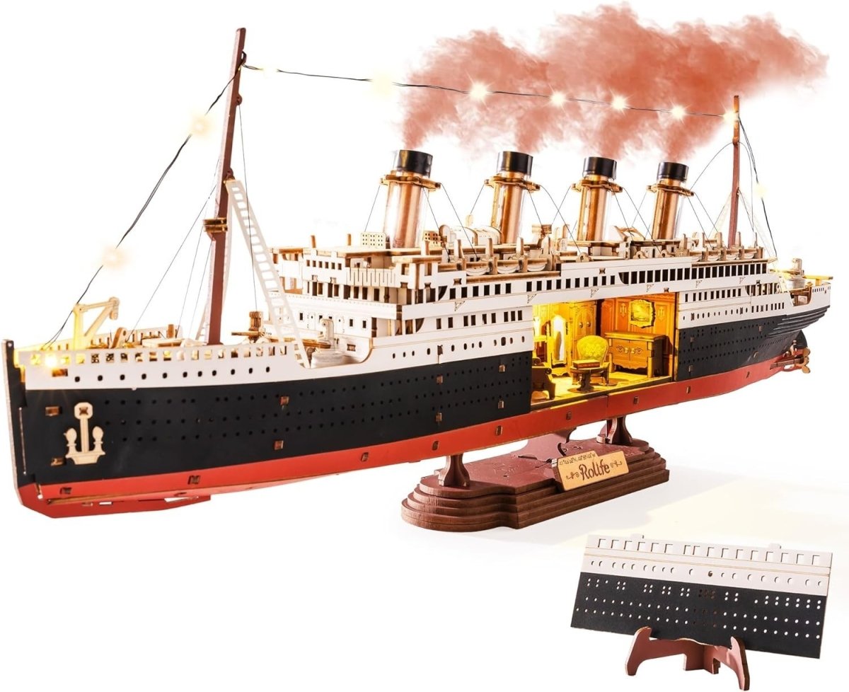3D Titanic Ship Model Kit Wooden Puzzle LED Display Collectible - Kwikley