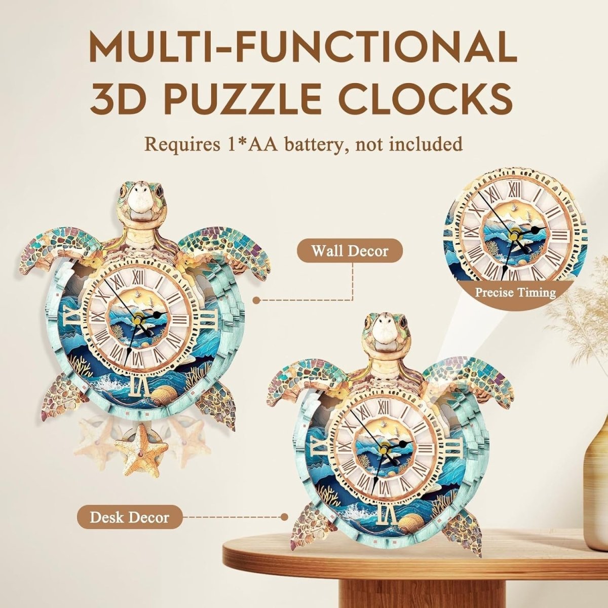 3D Turtle Clock Wooden Puzzle Functional Timepiece DIY Home Decor - Kwikley