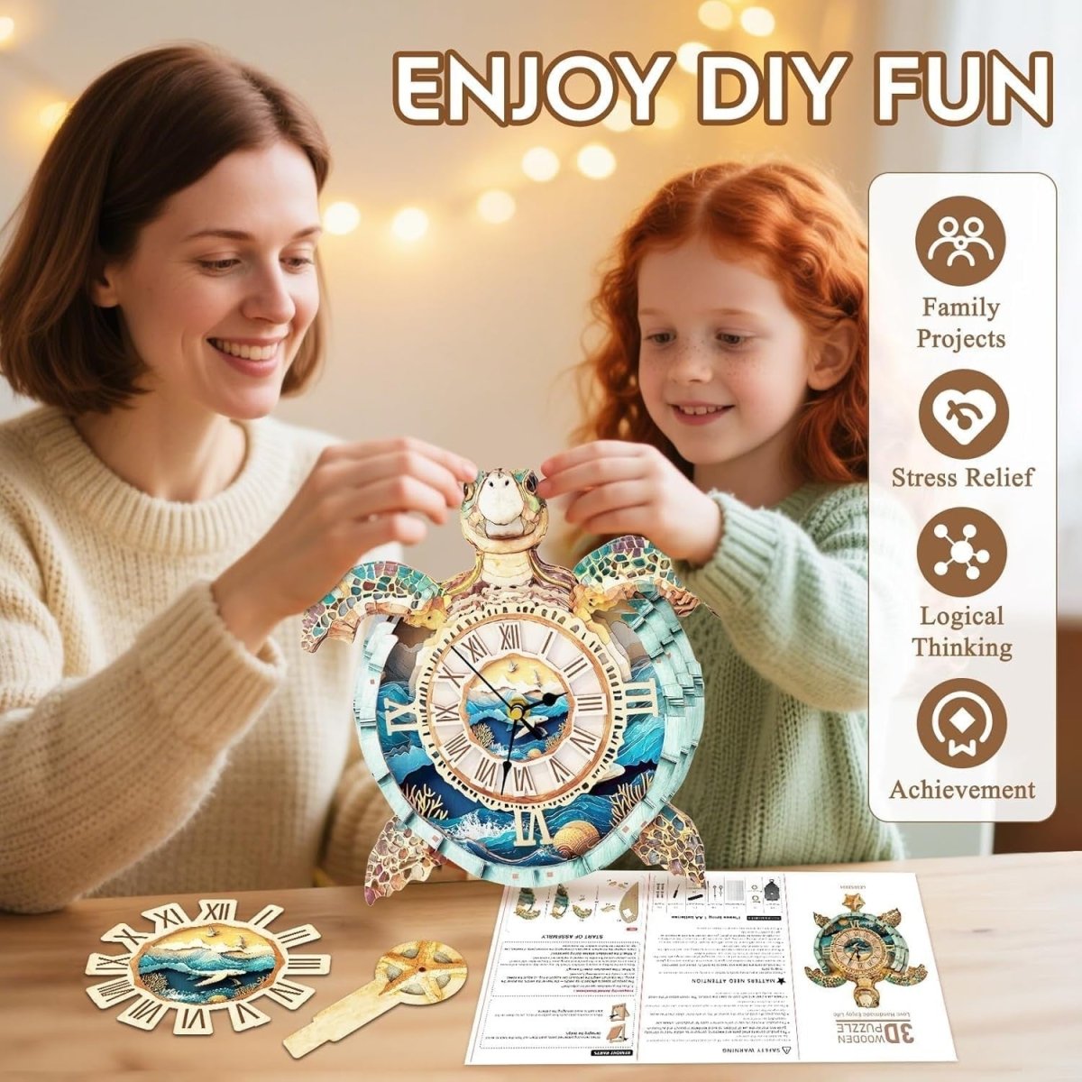 3D Turtle Clock Wooden Puzzle Functional Timepiece DIY Home Decor - Kwikley