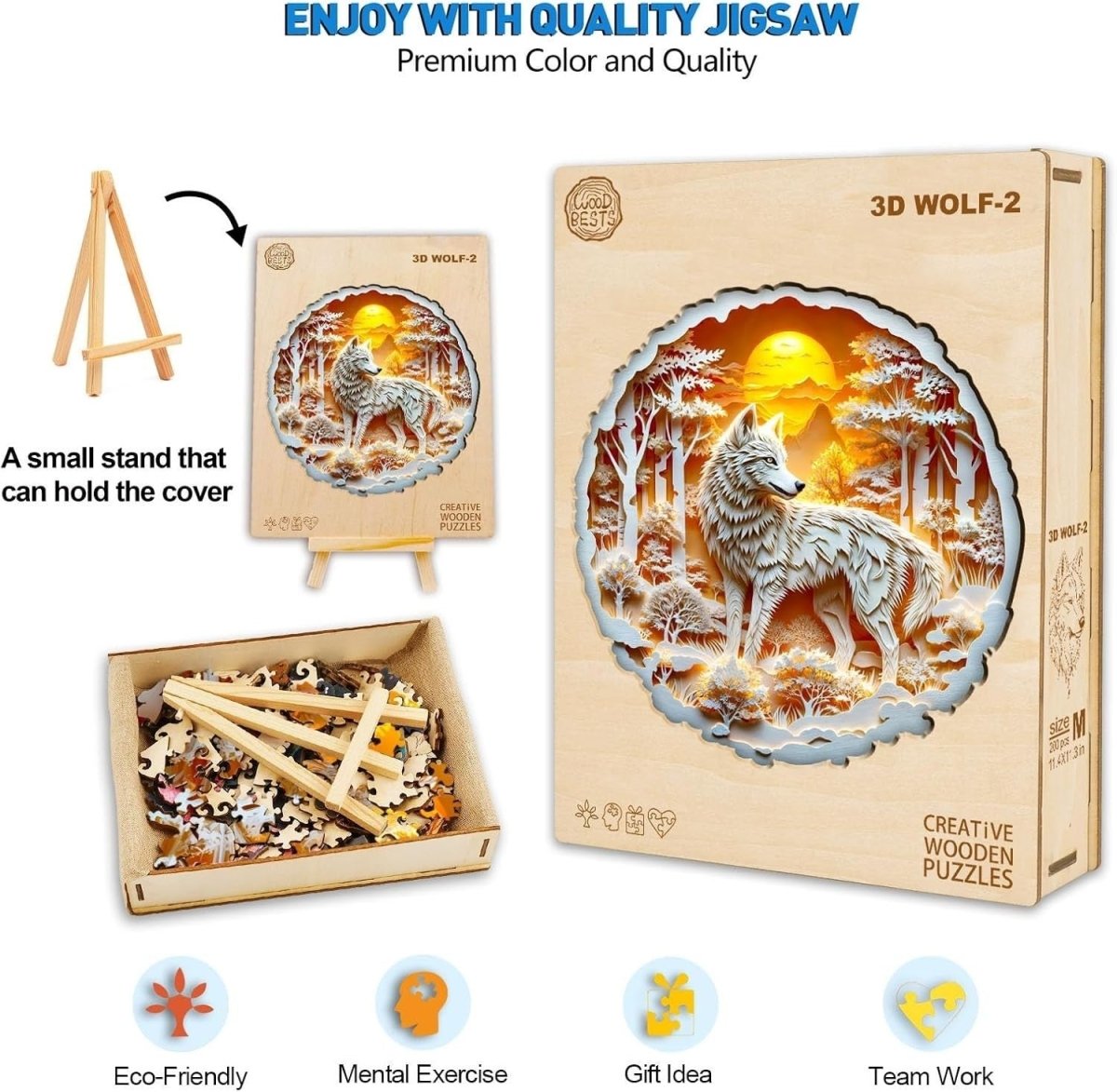 3D Wolf Wooden Puzzle 300 Piece Animal Jigsaw with Gift Box Decor - Kwikley