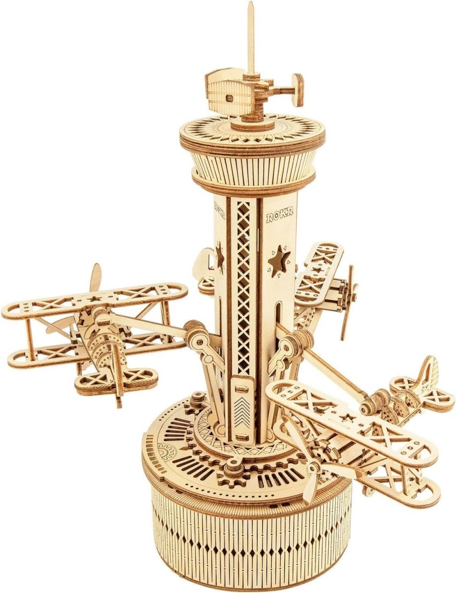 3D Wooden Airplane Control Tower Music Box Puzzle DIY Model Kit 255PCS - Kwikley