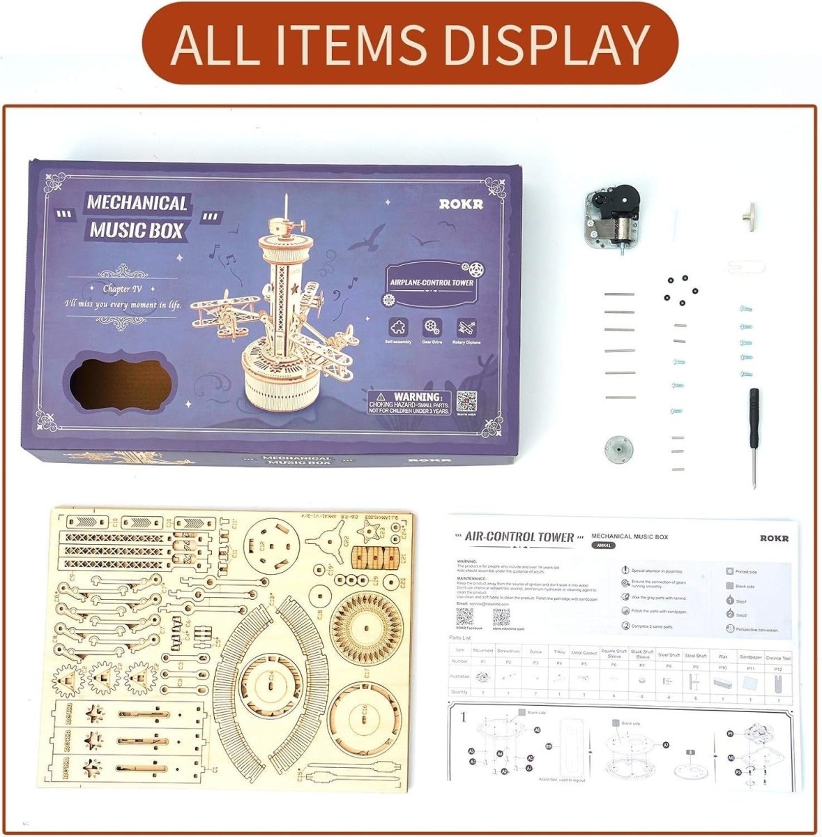 3D Wooden Airplane Control Tower Music Box Puzzle DIY Model Kit 255PCS - Kwikley
