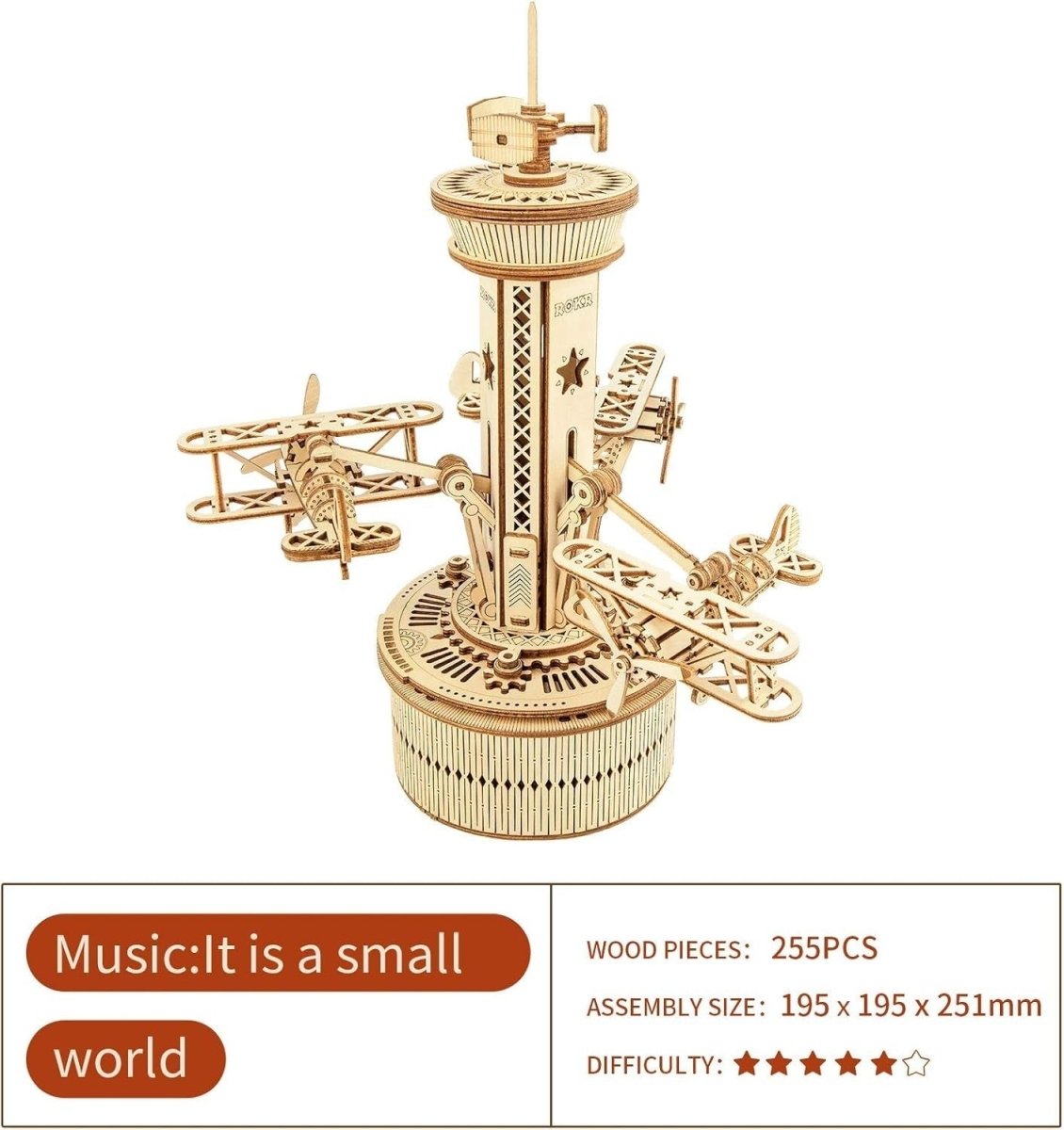 3D Wooden Airplane Control Tower Music Box Puzzle DIY Model Kit 255PCS - Kwikley