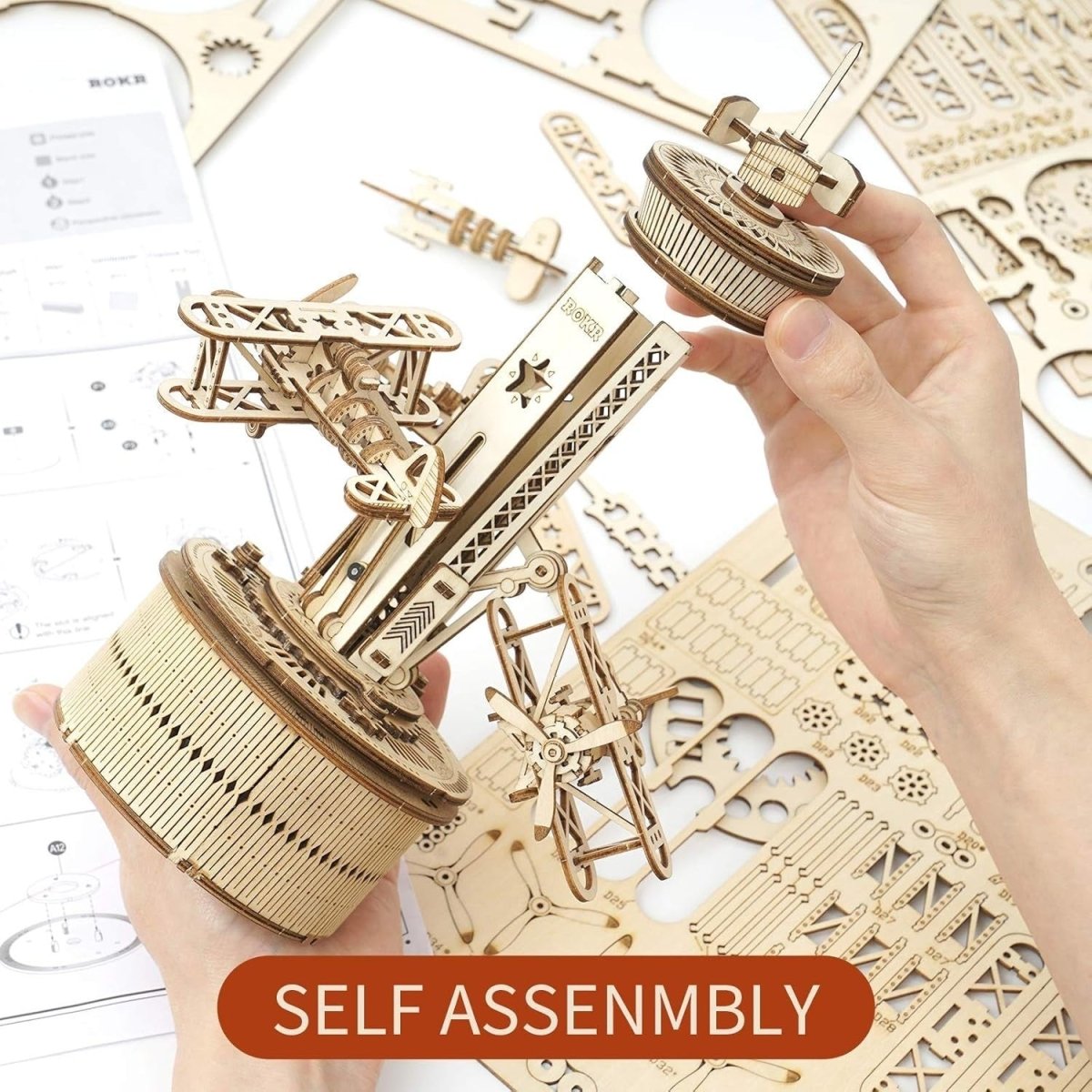3D Wooden Airplane Control Tower Music Box Puzzle DIY Model Kit 255PCS - Kwikley