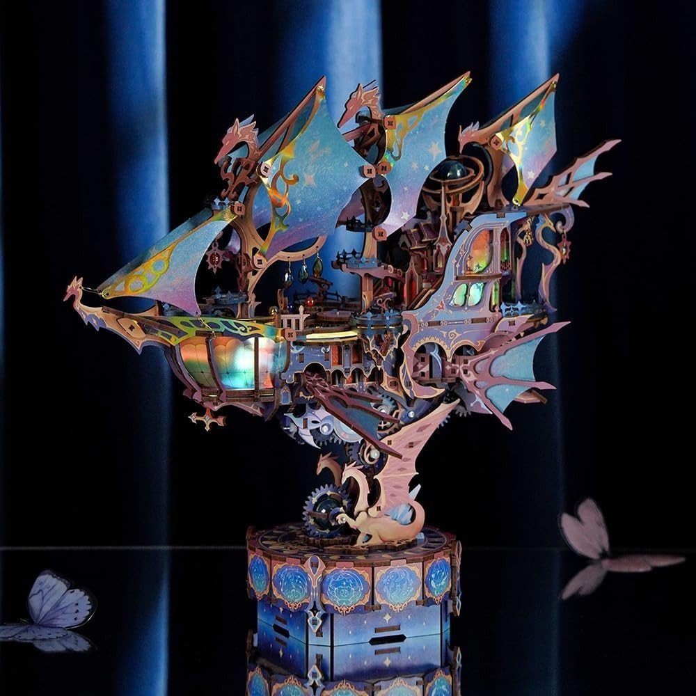 3D Wooden Airship Puzzle Kit LED Music Mechanical Spaceship Model - Kwikley
