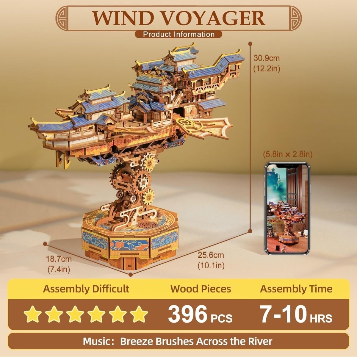 3D Wooden Airship Puzzle Kit Moving Wings Music Box Model Decor - Kwikley