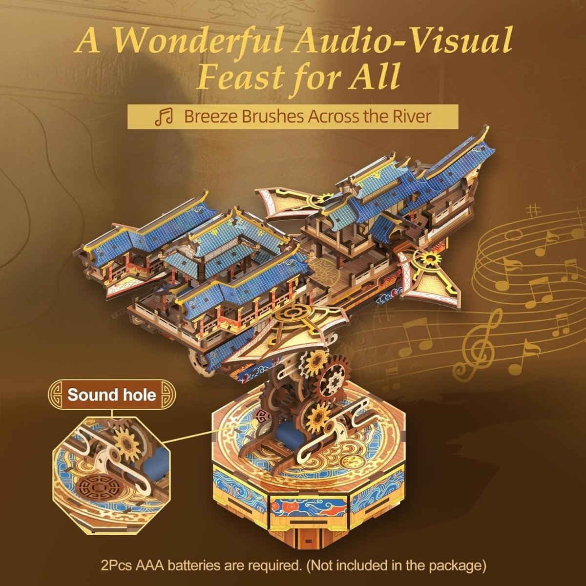 3D Wooden Airship Puzzle Kit Moving Wings Music Box Model Decor - Kwikley