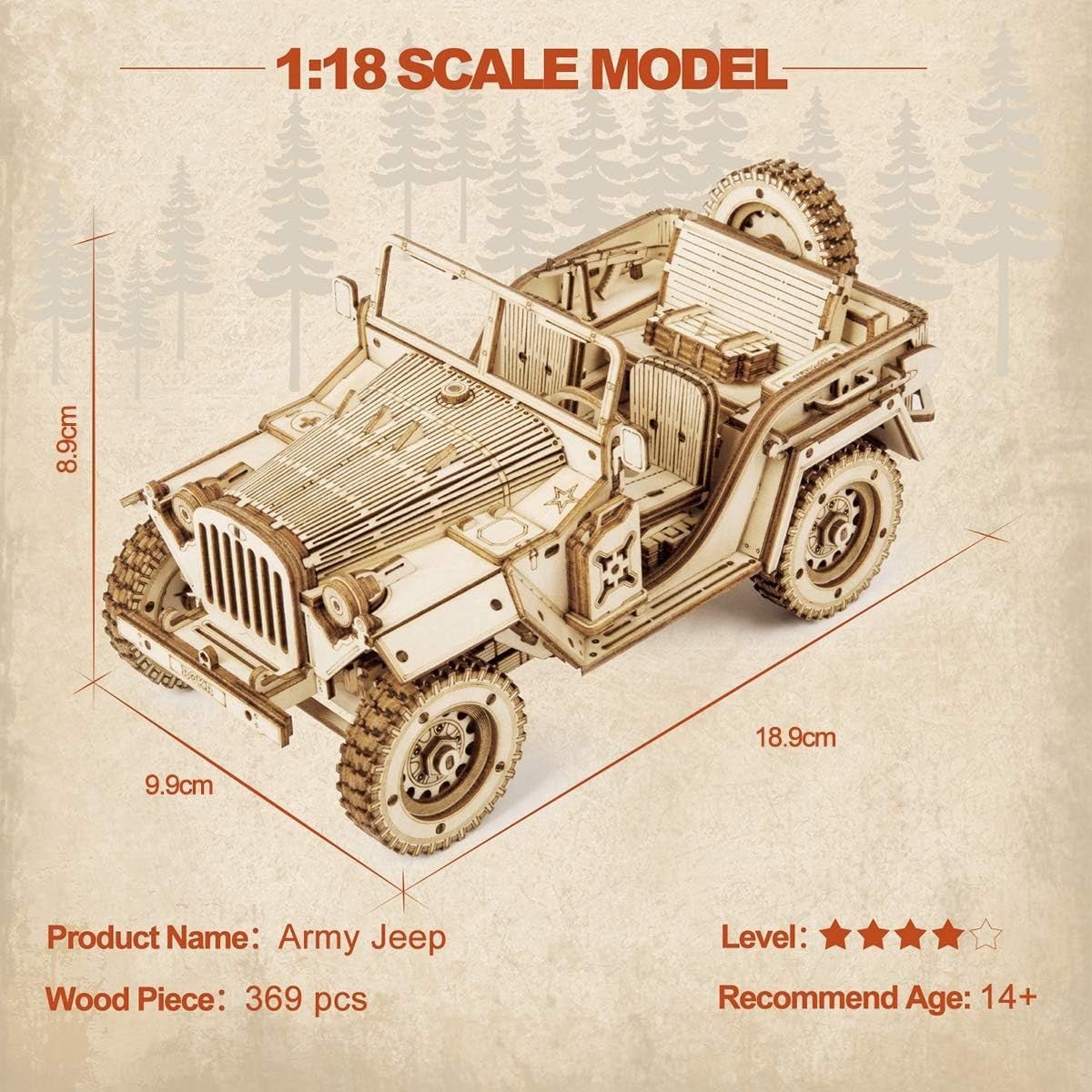 3D Wooden Army Jeep Model Kit 369 Piece DIY Vehicle Puzzle Gift - Kwikley