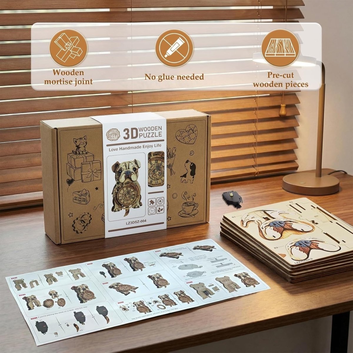 3D Wooden Bulldog Clock Kit Pendulum Wall Decor DIY Puzzle Gift - Kwikley