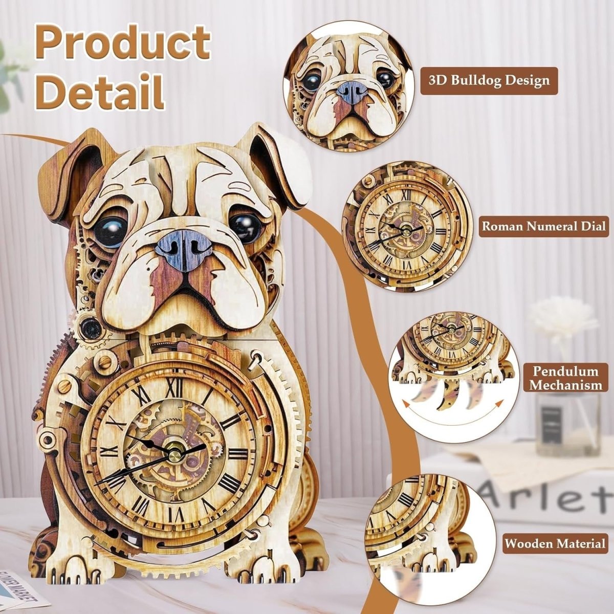 3D Wooden Bulldog Clock Kit Pendulum Wall Decor DIY Puzzle Gift - Kwikley