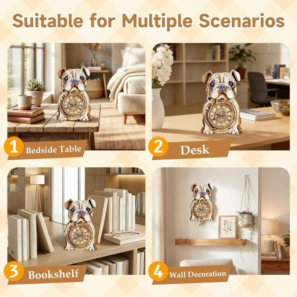 3D Wooden Bulldog Clock Kit Pendulum Wall Decor DIY Puzzle Gift - Kwikley