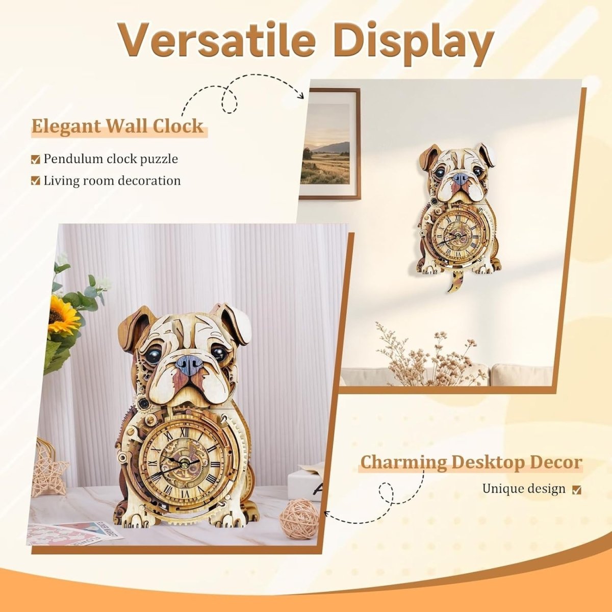 3D Wooden Bulldog Clock Kit Pendulum Wall Decor DIY Puzzle Gift - Kwikley