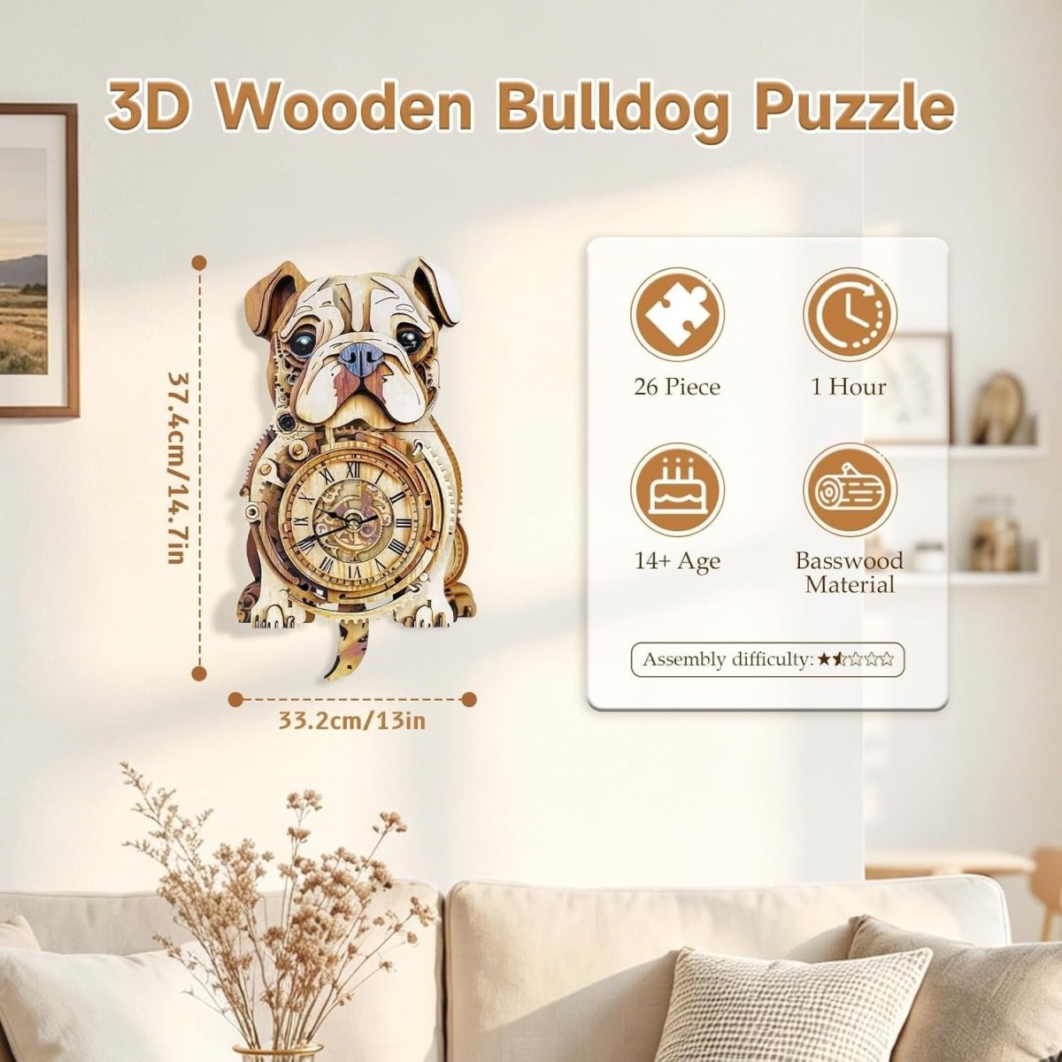 3D Wooden Bulldog Clock Kit Pendulum Wall Decor DIY Puzzle Gift - Kwikley