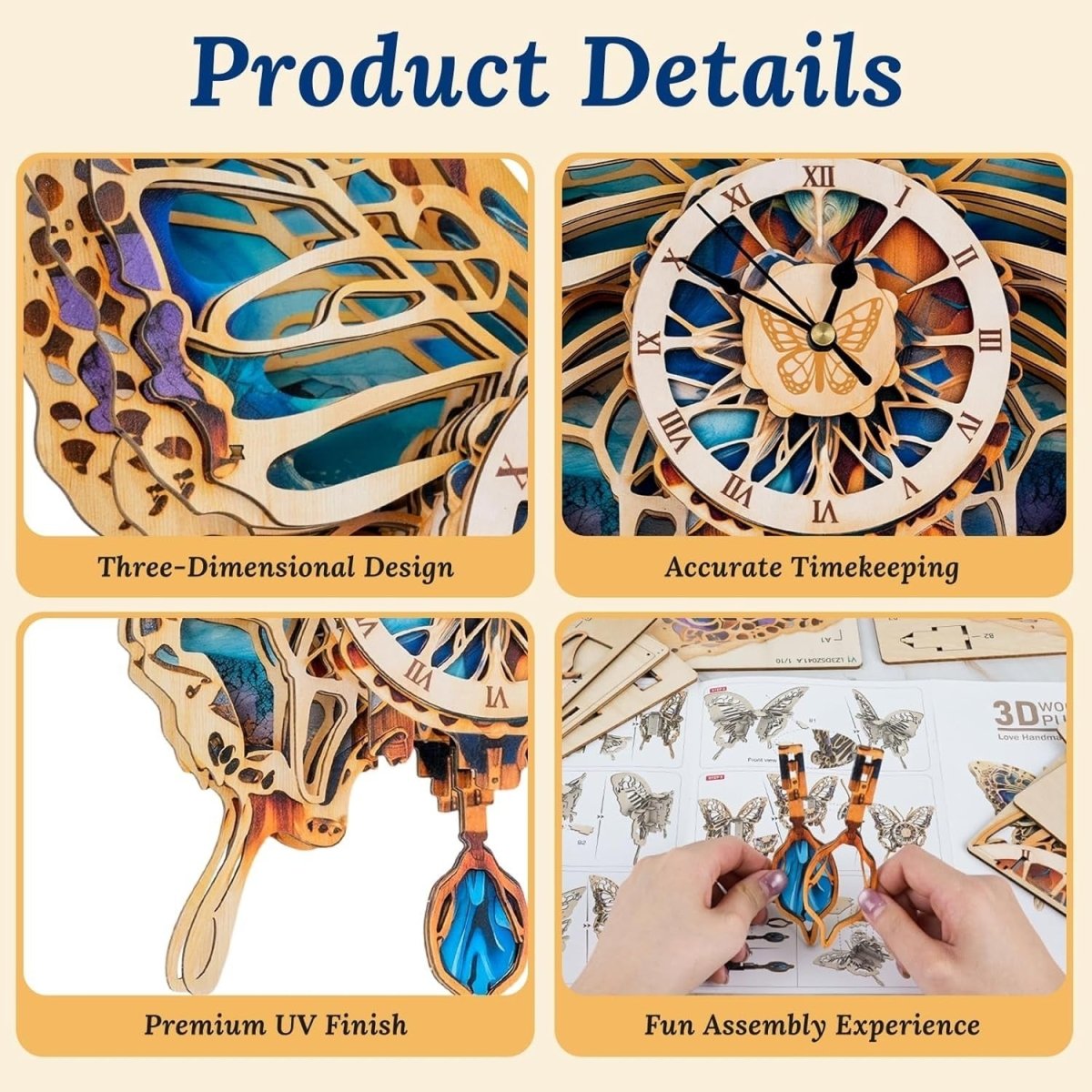 3D Wooden Butterfly Clock Puzzle DIY Mechanical Wall Clock Home Decor - Kwikley