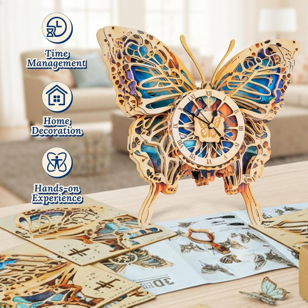 3D Wooden Butterfly Clock Puzzle DIY Mechanical Wall Clock Home Decor - Kwikley