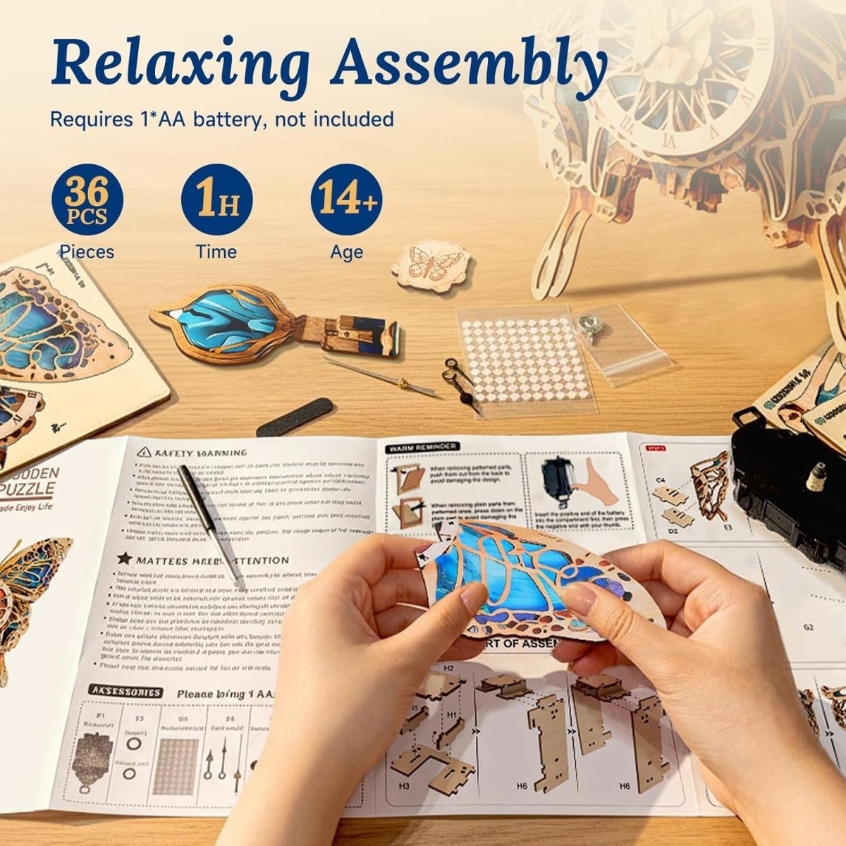 3D Wooden Butterfly Clock Puzzle DIY Mechanical Wall Clock Home Decor - Kwikley