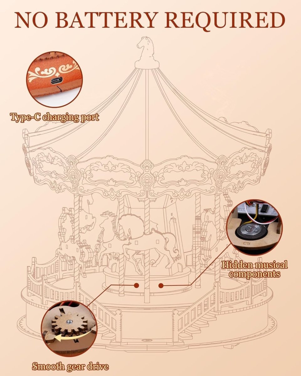 3D Wooden Carousel Music Box Kit LED Light Mechanical Puzzle Decor - Kwikley