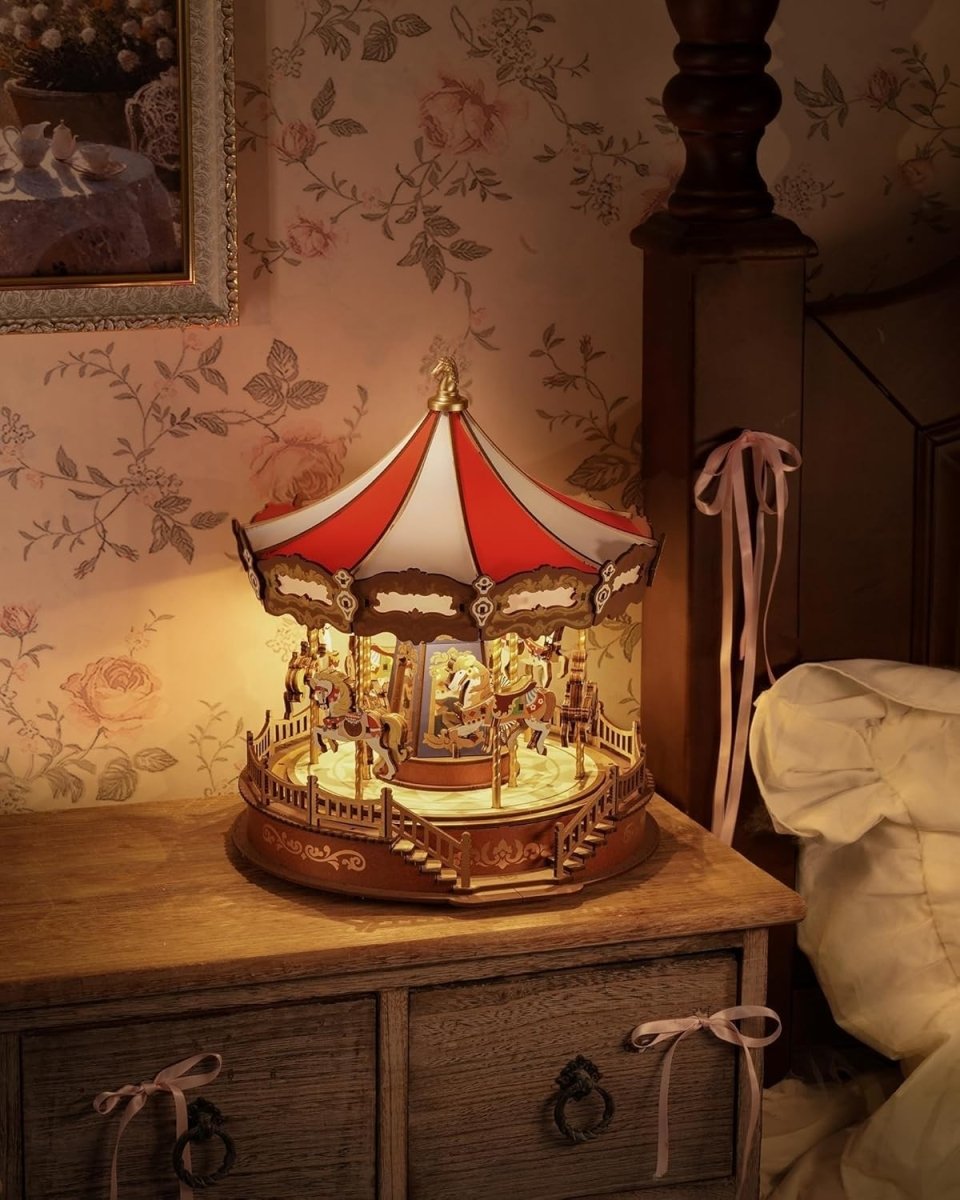3D Wooden Carousel Music Box Kit LED Light Mechanical Puzzle Decor - Kwikley