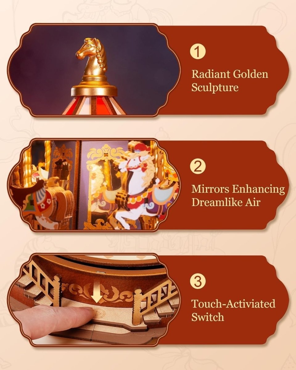 3D Wooden Carousel Music Box Kit LED Light Mechanical Puzzle Decor - Kwikley