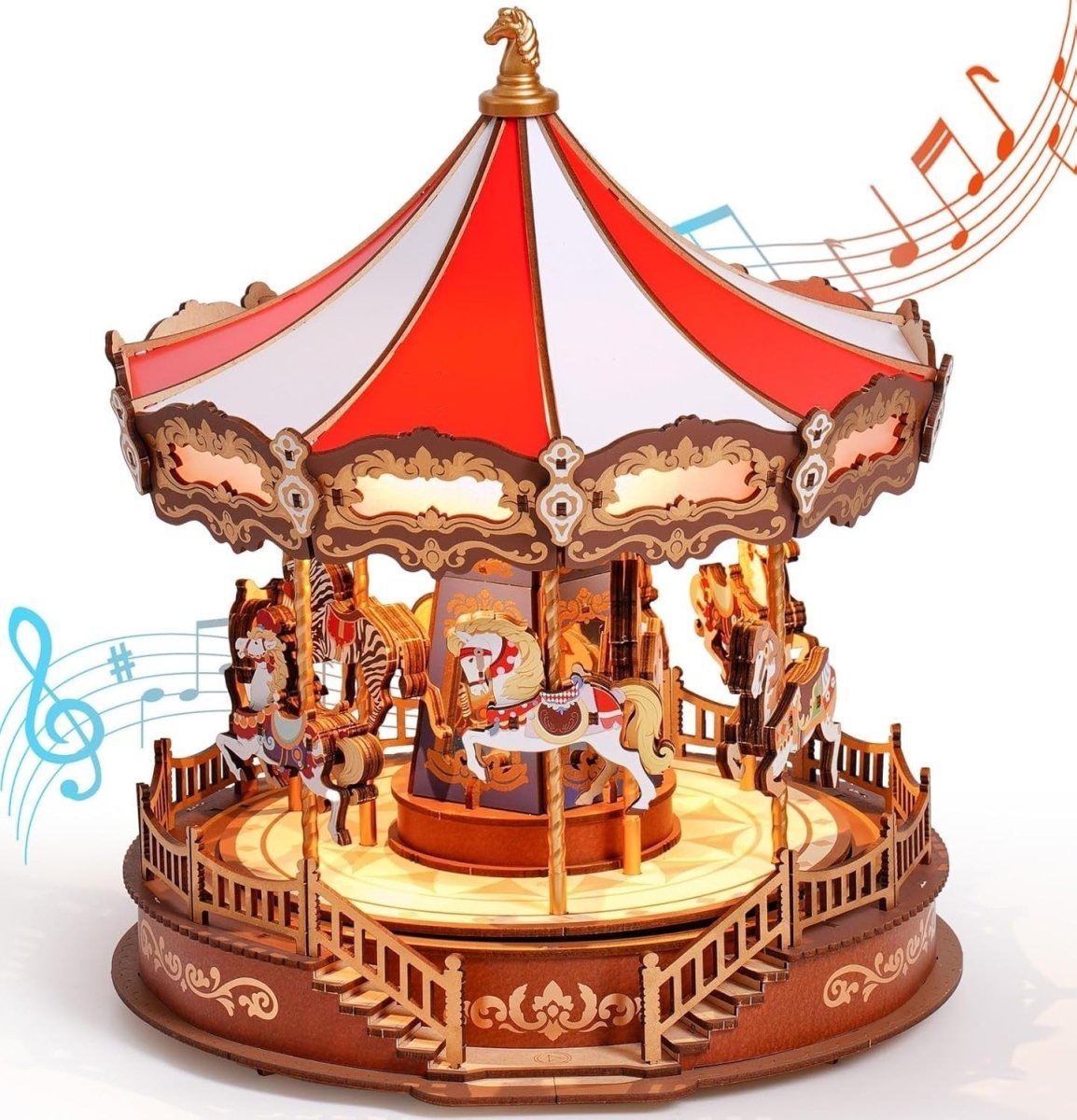 3D Wooden Carousel Music Box Kit LED Light Mechanical Puzzle Decor - Kwikley