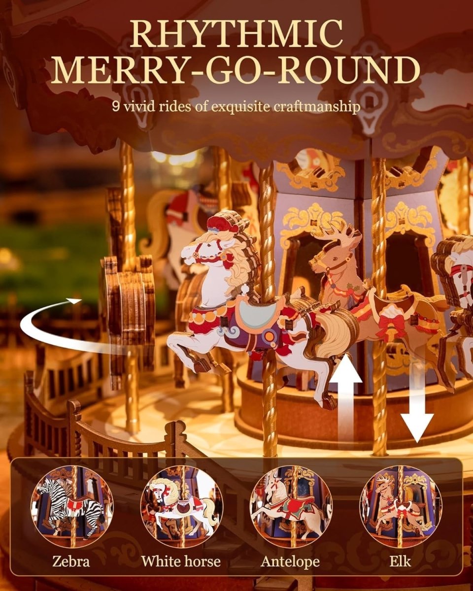 3D Wooden Carousel Music Box Kit LED Light Mechanical Puzzle Decor - Kwikley