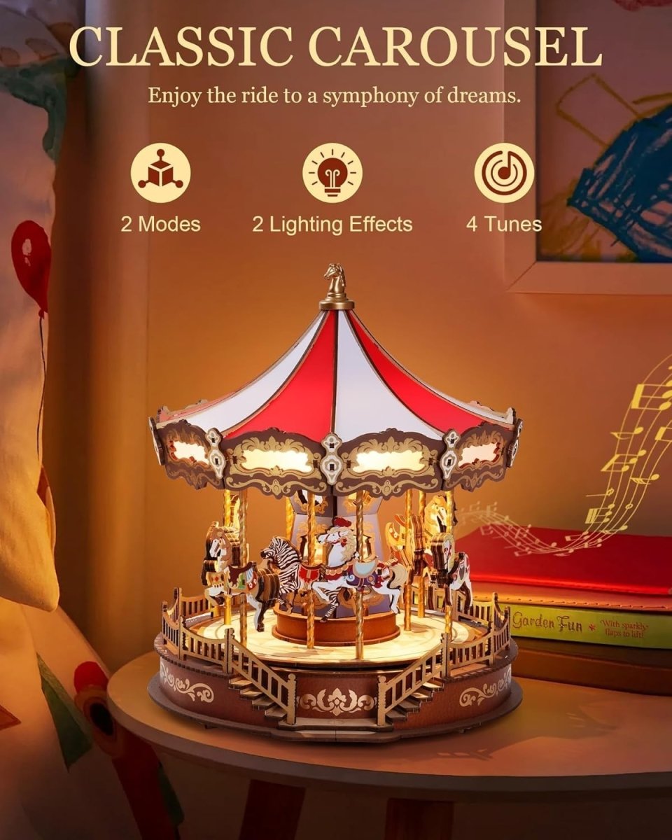 3D Wooden Carousel Music Box Kit LED Light Mechanical Puzzle Decor - Kwikley