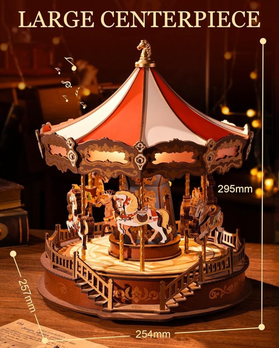 3D Wooden Carousel Music Box Kit LED Light Mechanical Puzzle Decor - Kwikley