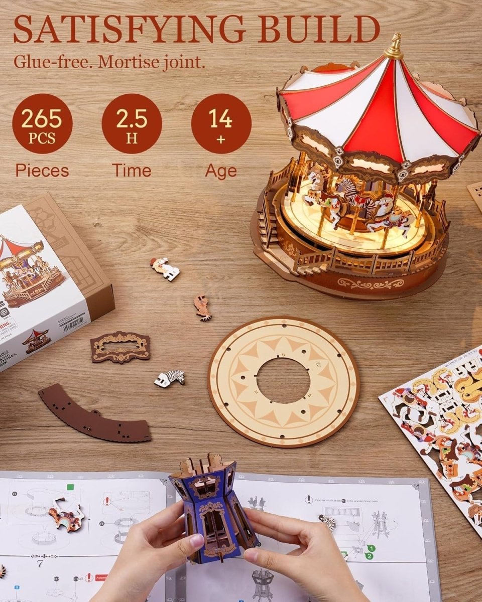 3D Wooden Carousel Music Box Kit LED Light Mechanical Puzzle Decor - Kwikley