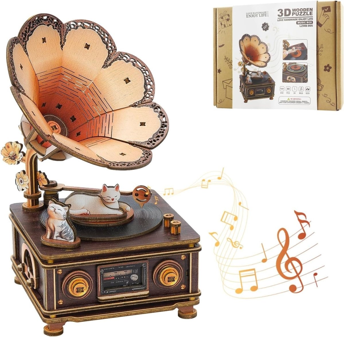 3D Wooden Cat Music Box Puzzle DIY Gramophone Model Kit Desk Decor - Kwikley