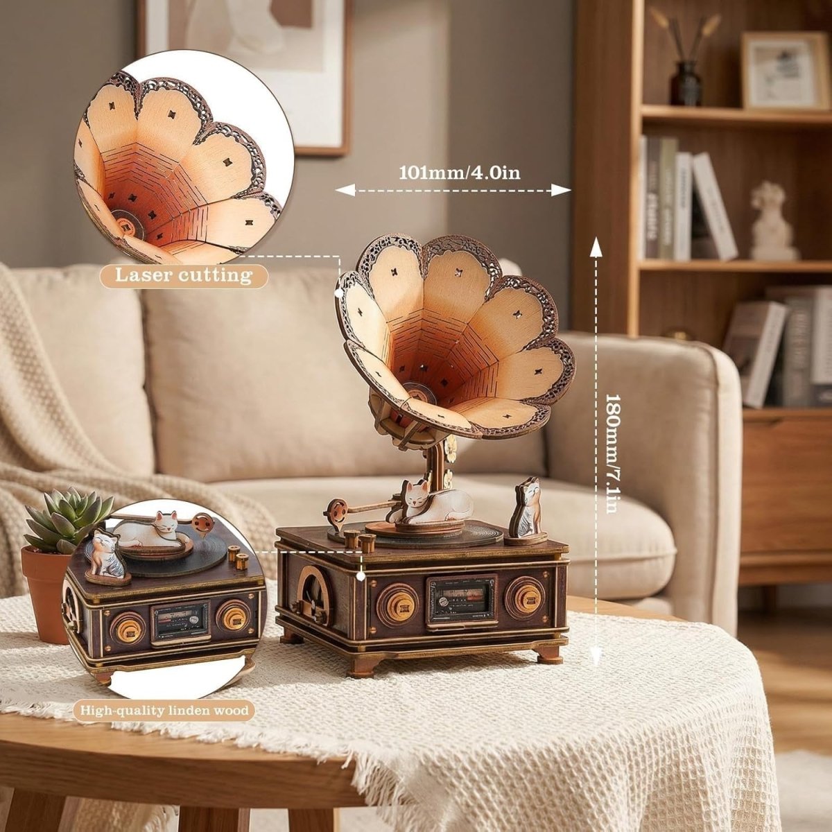 3D Wooden Cat Music Box Puzzle DIY Gramophone Model Kit Desk Decor - Kwikley