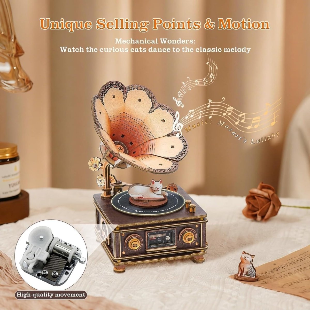 3D Wooden Cat Music Box Puzzle DIY Gramophone Model Kit Desk Decor - Kwikley