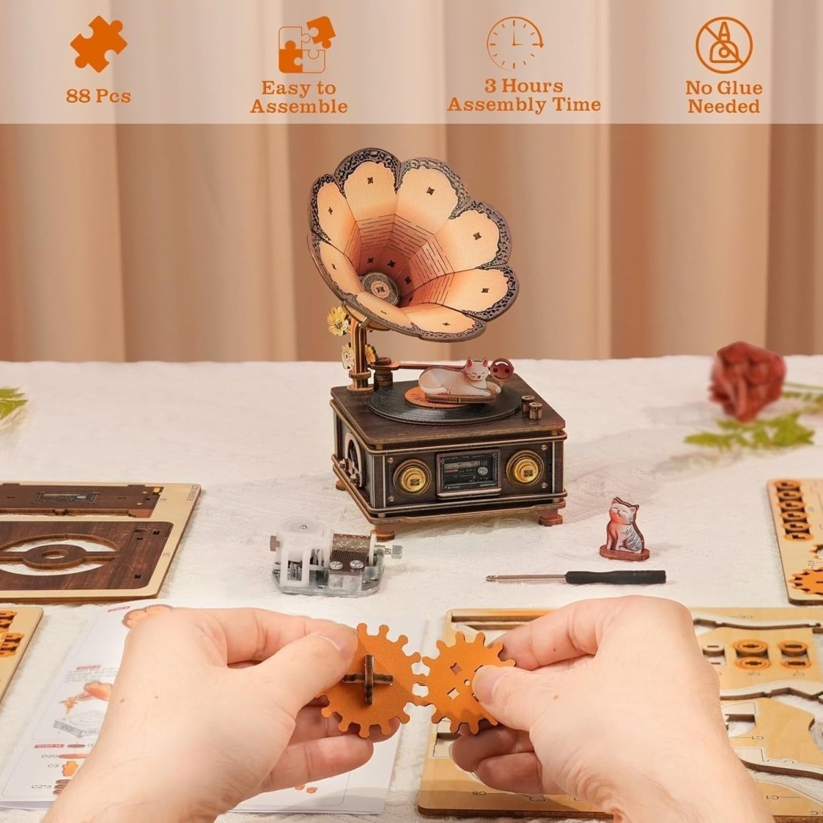 3D Wooden Cat Music Box Puzzle DIY Gramophone Model Kit Desk Decor - Kwikley