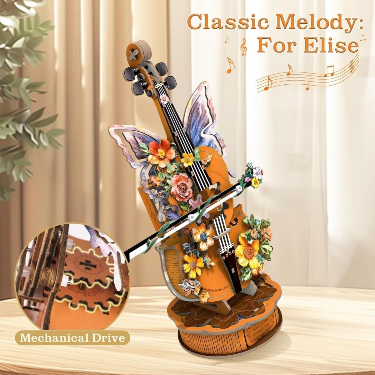 3D Wooden Cello Music Box Puzzle DIY Mechanical Model Plays For Elise - Kwikley