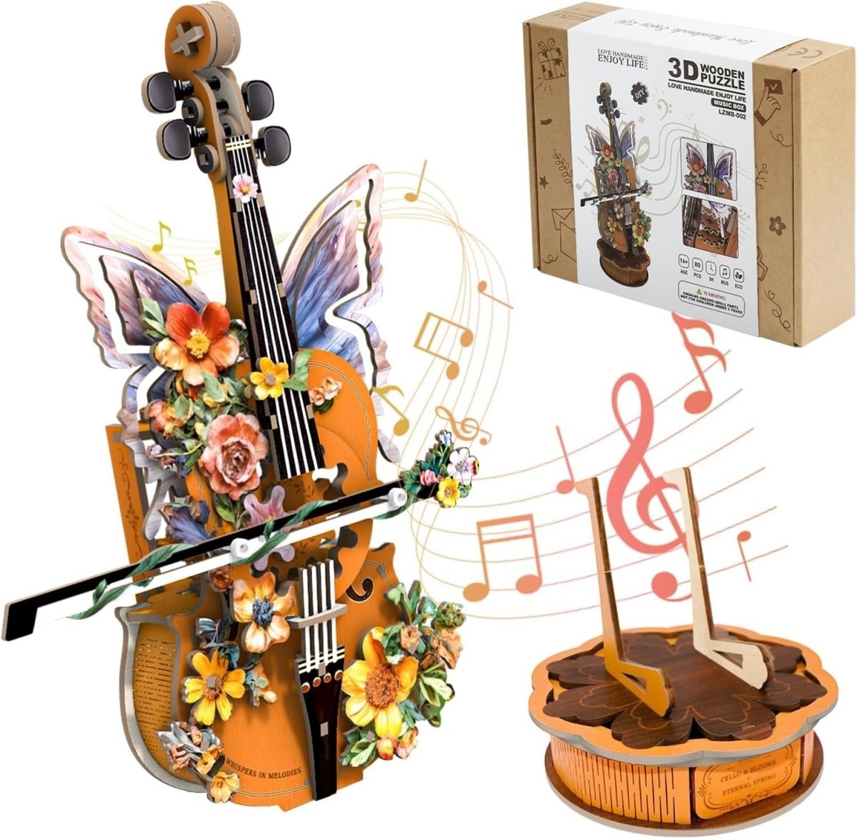 3D Wooden Cello Music Box Puzzle DIY Mechanical Model Plays For Elise - Kwikley