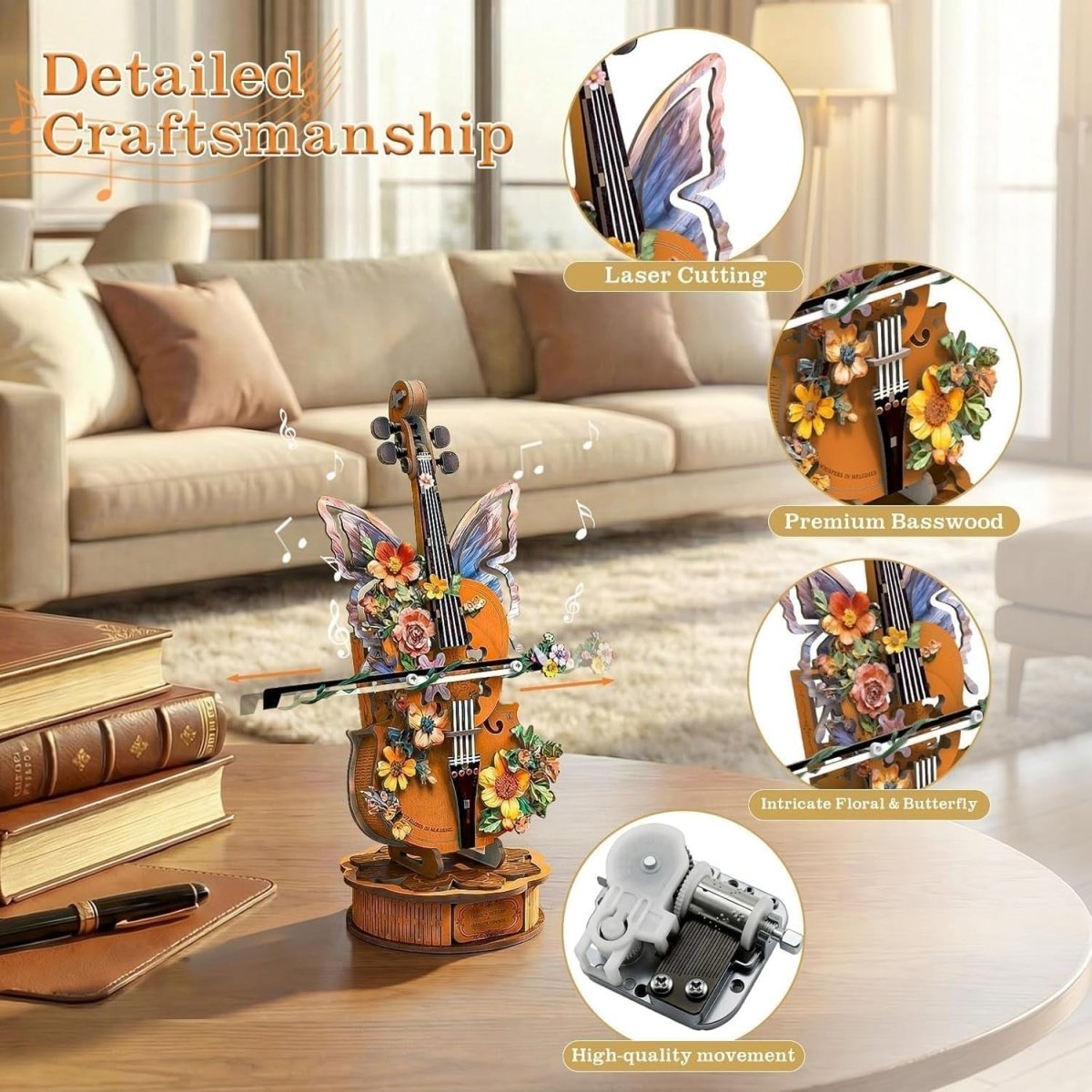 3D Wooden Cello Music Box Puzzle DIY Mechanical Model Plays For Elise - Kwikley
