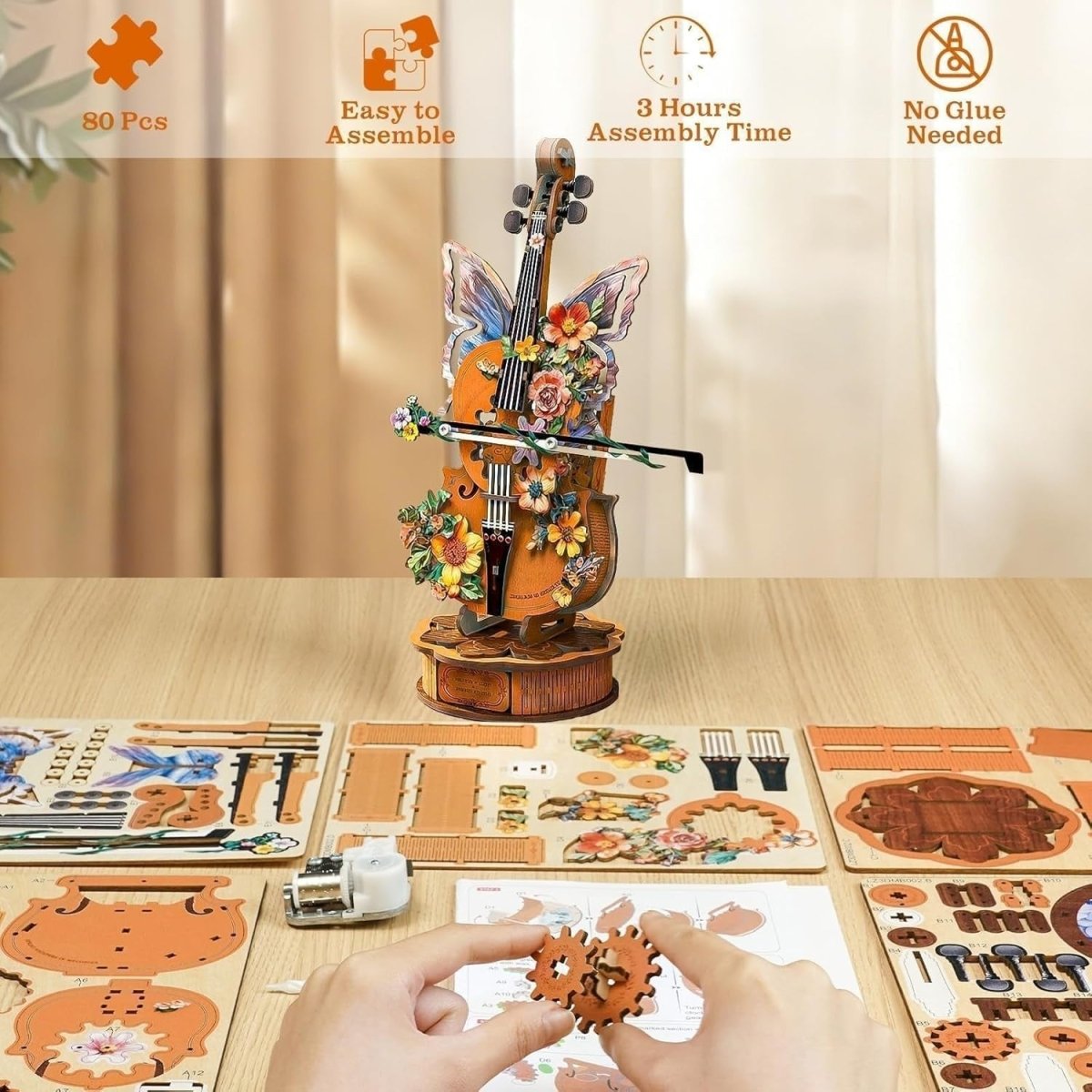 3D Wooden Cello Music Box Puzzle DIY Mechanical Model Plays For Elise - Kwikley