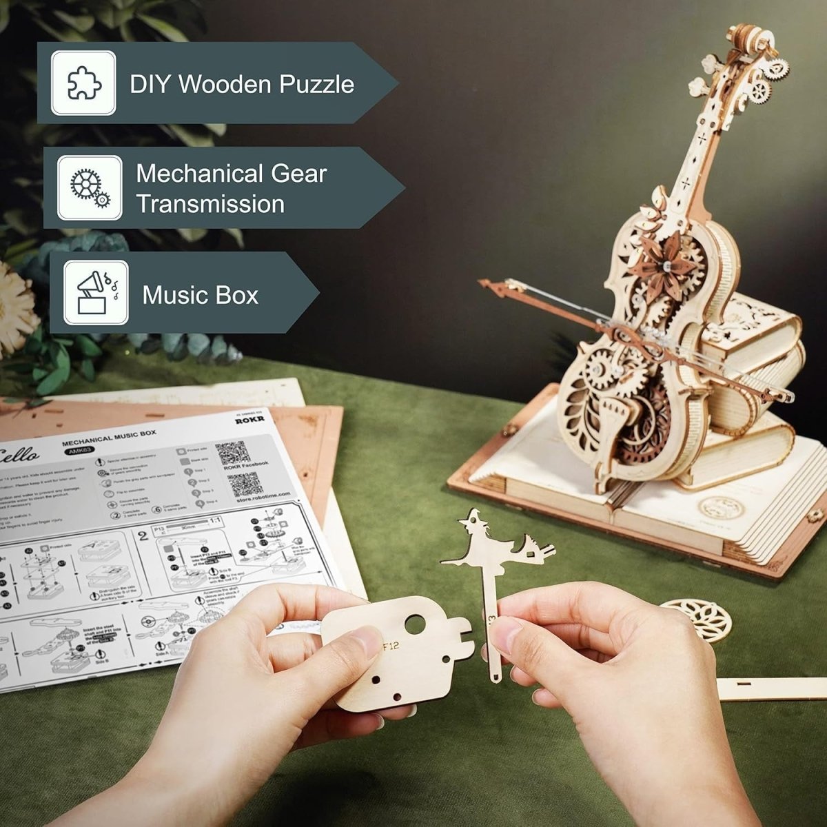 3D Wooden Cello Puzzle Music Box Model Kit Self Playing Desk Decor Gift - Kwikley