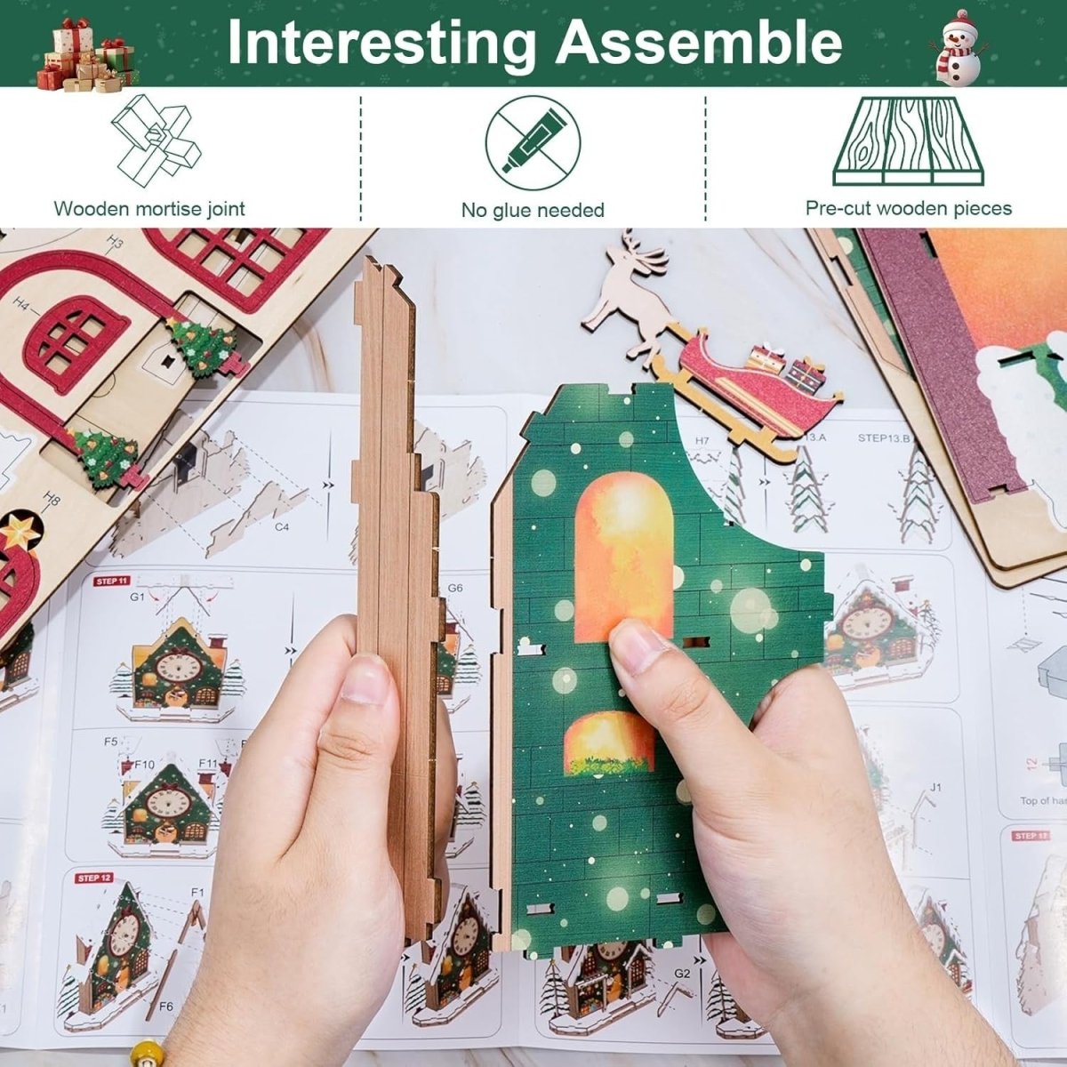 3D Wooden Christmas Clock Puzzle DIY Snowhouse Model Kit Holiday Decor - Kwikley
