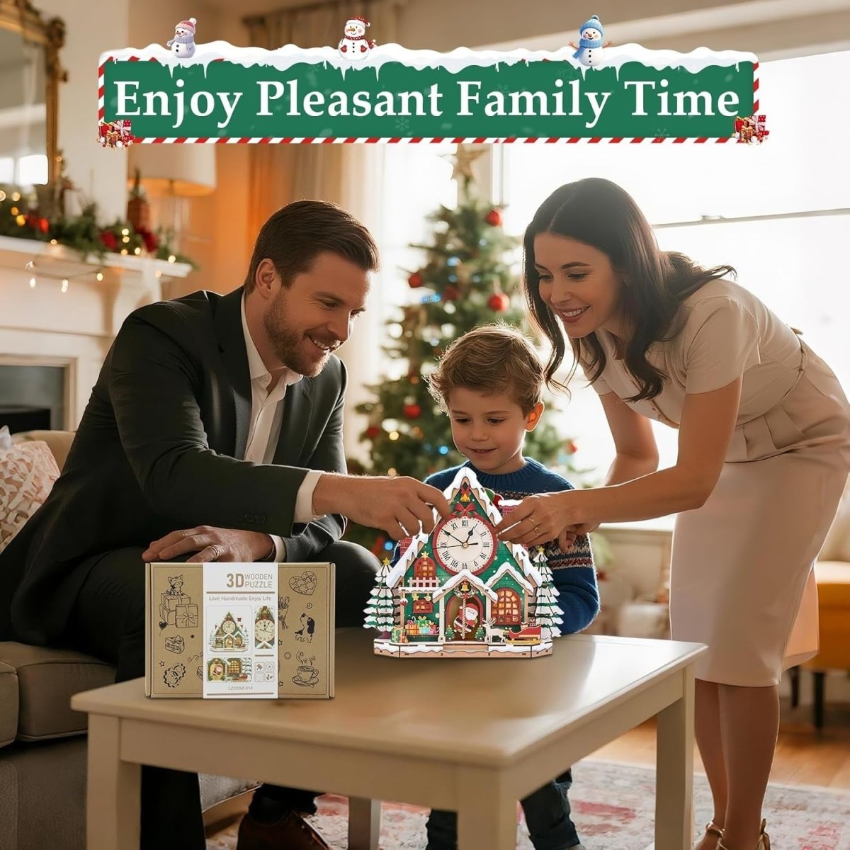 3D Wooden Christmas Clock Puzzle DIY Snowhouse Model Kit Holiday Decor - Kwikley