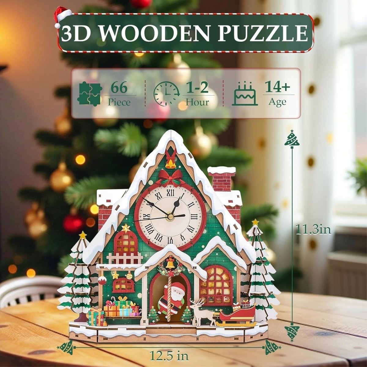 3D Wooden Christmas Clock Puzzle DIY Snowhouse Model Kit Holiday Decor - Kwikley