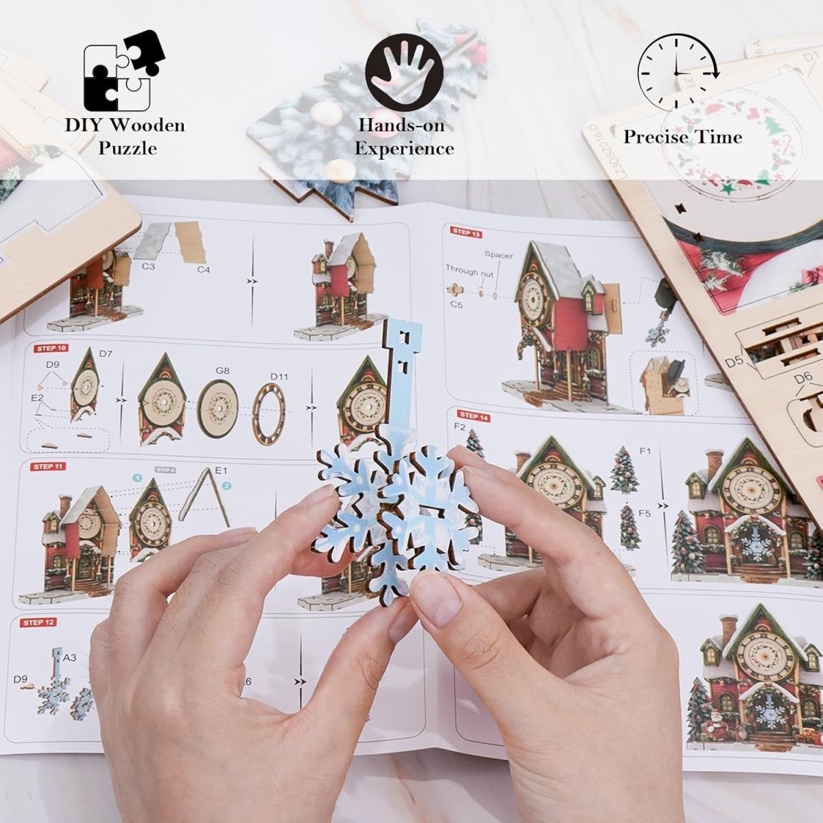 3D Wooden Clock Puzzle Kit Christmas Cottage Functional Wall Clock DIY - Kwikley