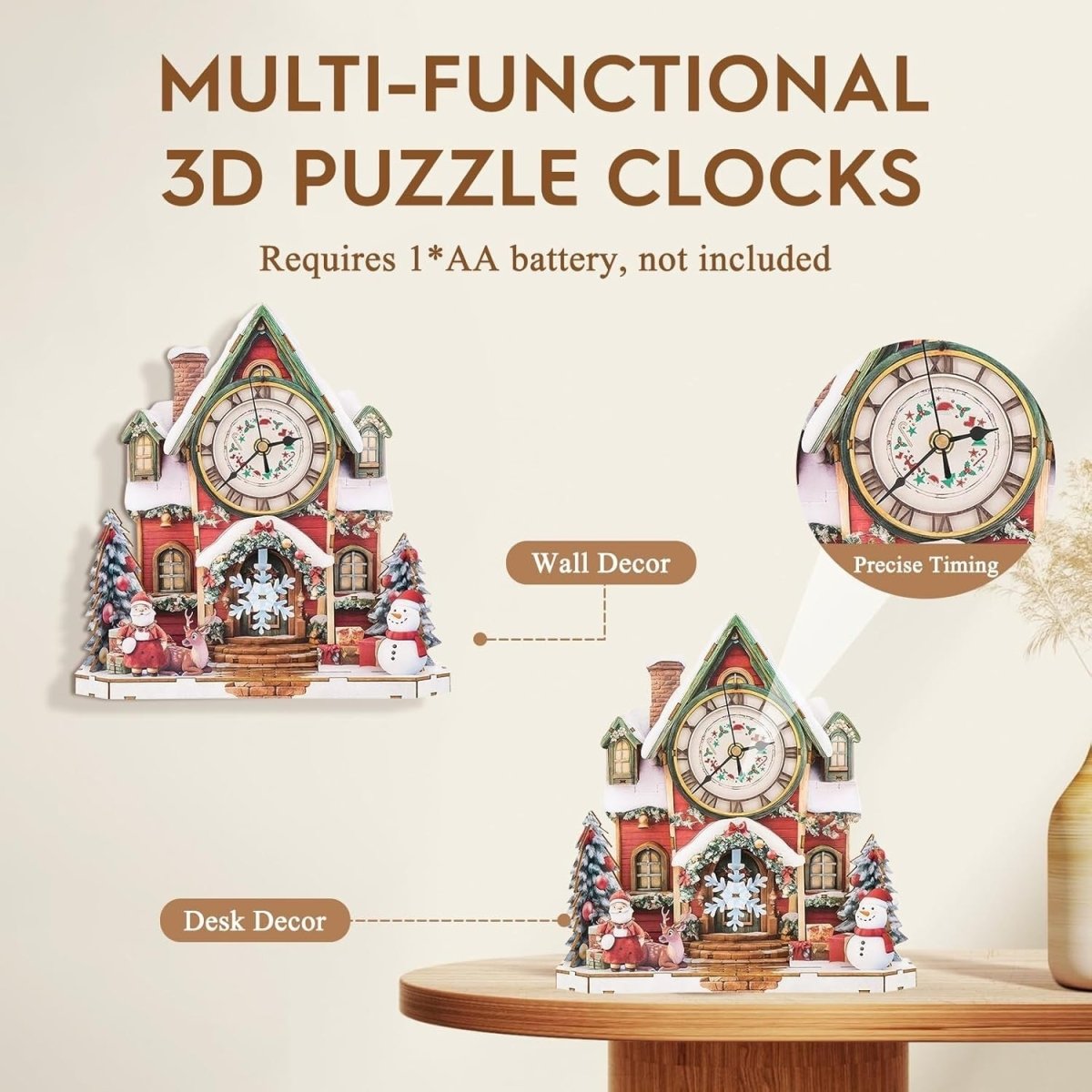 3D Wooden Clock Puzzle Kit Christmas Cottage Functional Wall Clock DIY - Kwikley