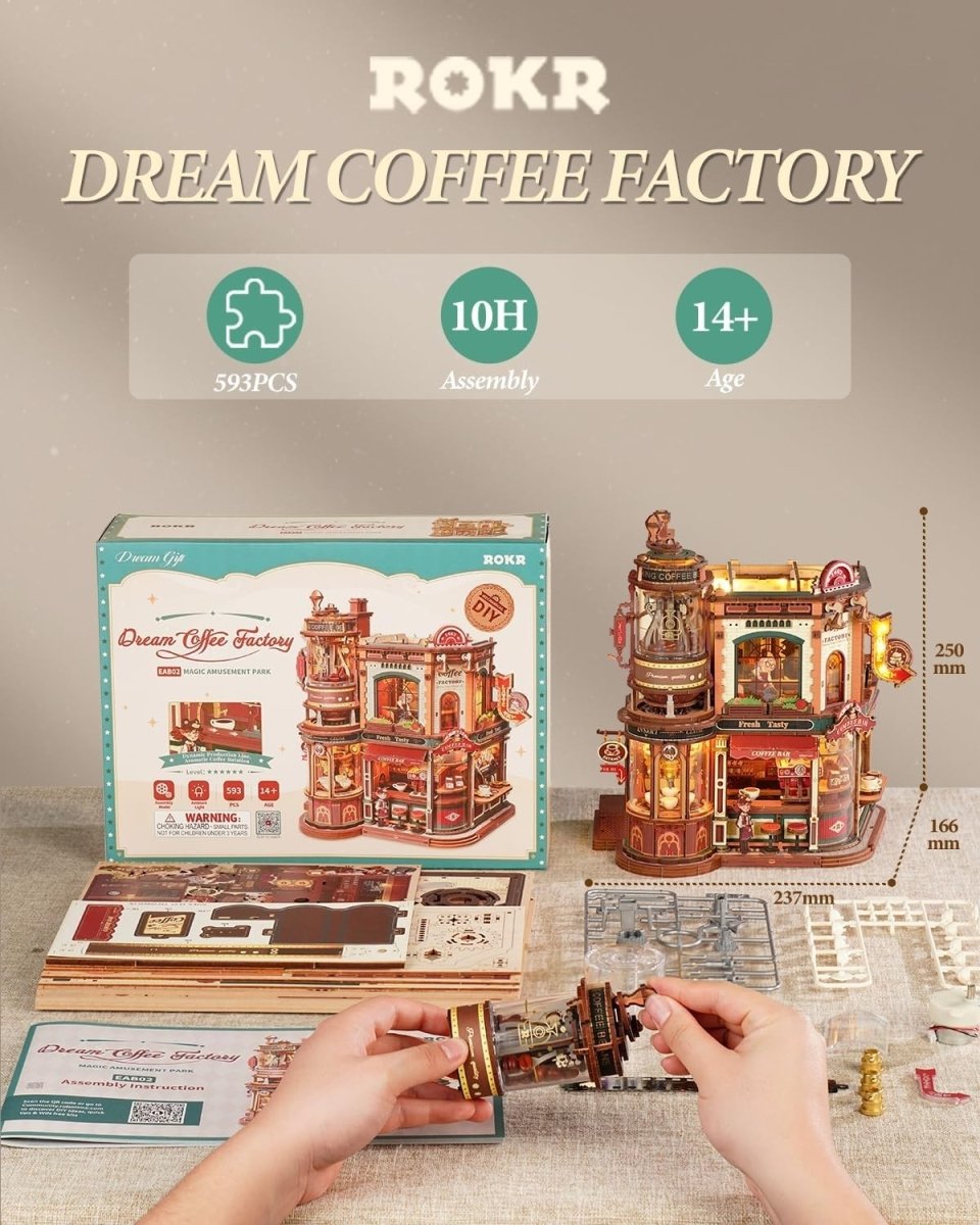 3D Wooden Coffee Factory Music Box Puzzle Kit LED Desk Decor Gift - Kwikley