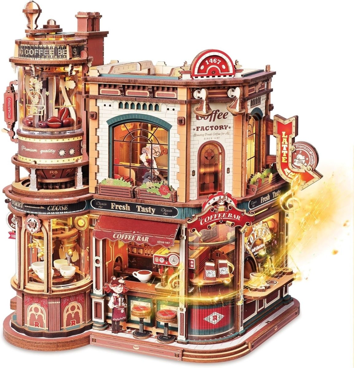 3D Wooden Coffee Factory Music Box Puzzle Kit LED Desk Decor Gift - Kwikley