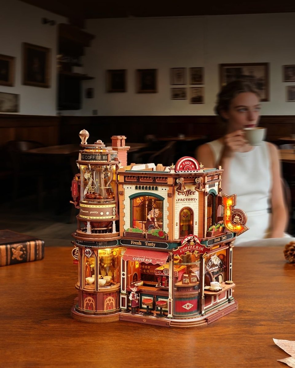 3D Wooden Coffee Factory Music Box Puzzle Kit LED Desk Decor Gift - Kwikley