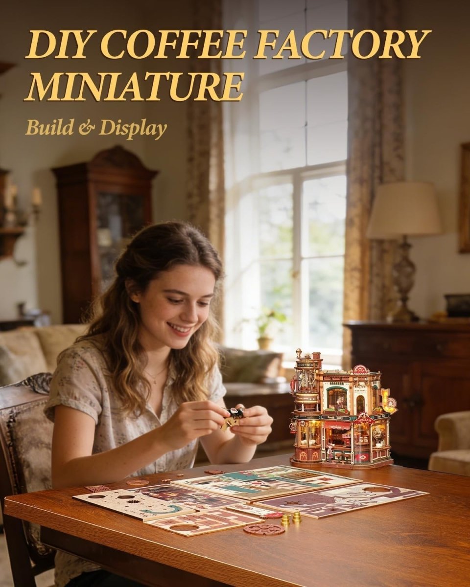 3D Wooden Coffee Factory Music Box Puzzle Kit LED Desk Decor Gift - Kwikley