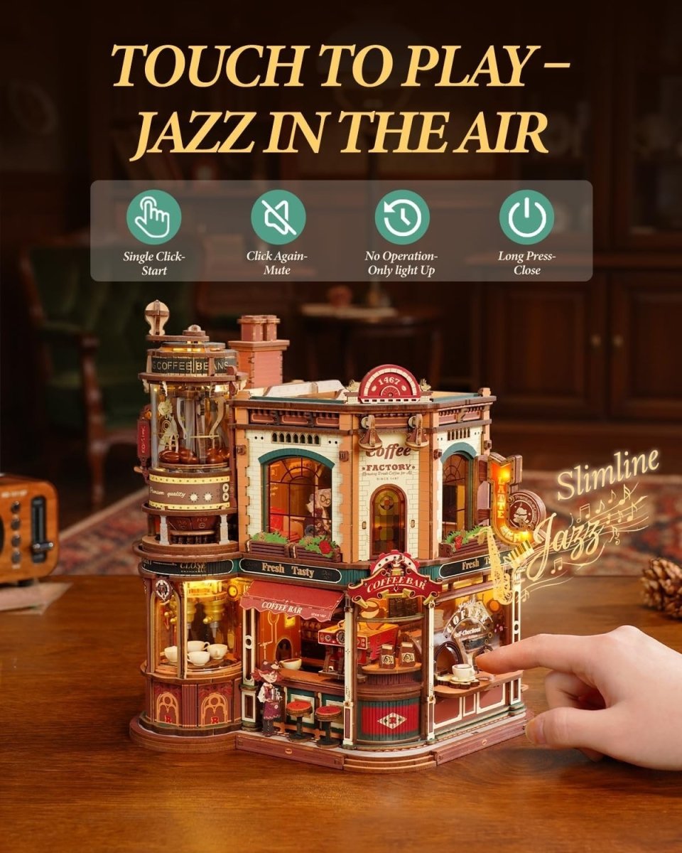 3D Wooden Coffee Factory Music Box Puzzle Kit LED Desk Decor Gift - Kwikley