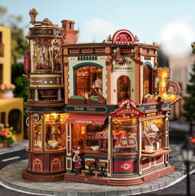 3D Wooden Coffee Factory Puzzle Kit Moving Model Lights Music Decor - Kwikley